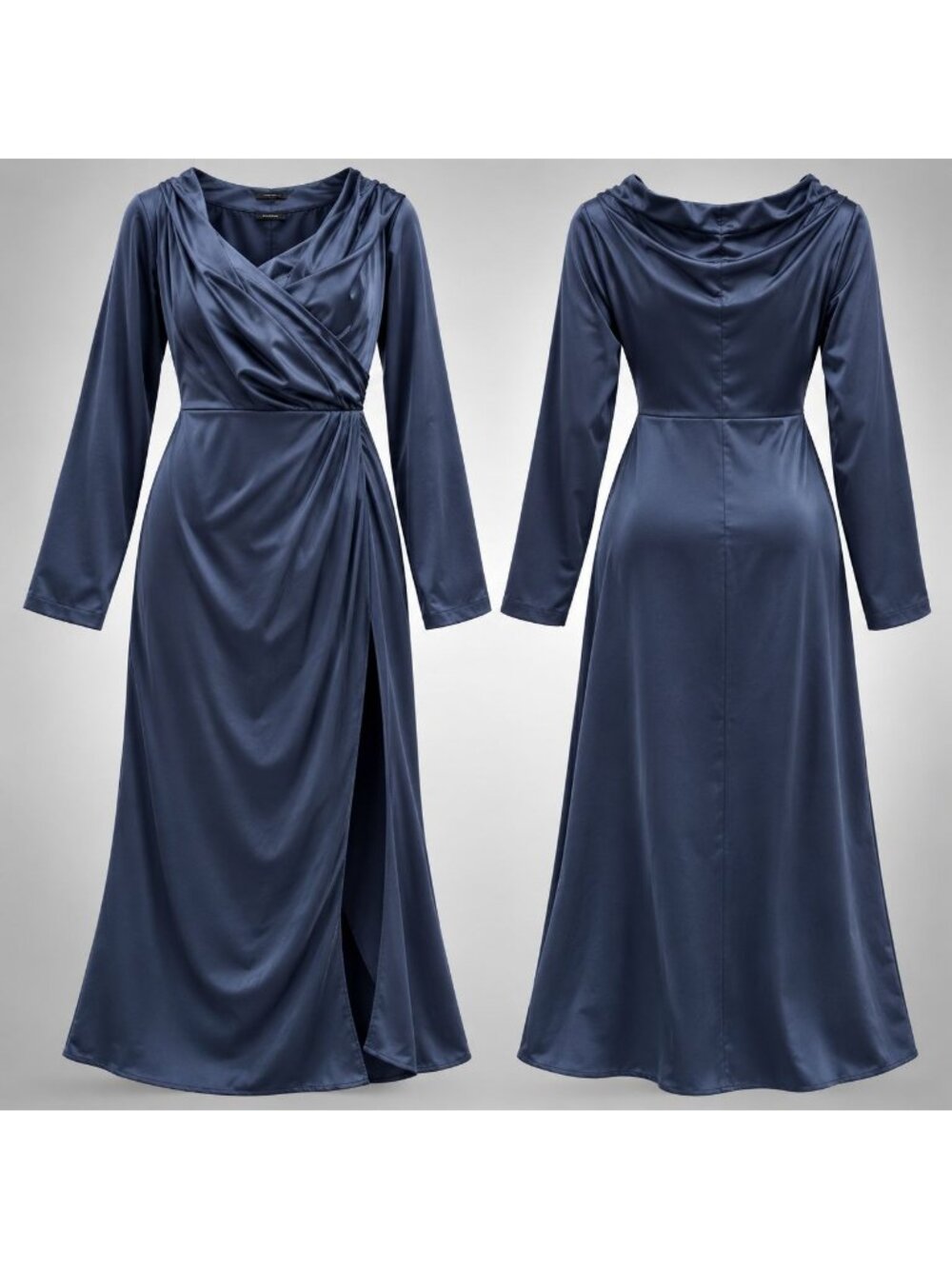 Pretty Little Thing Navy Satin Long Sleeve Wrap Maxi Dress UK 8 US 4 EU 36 - Picture 1 of 10